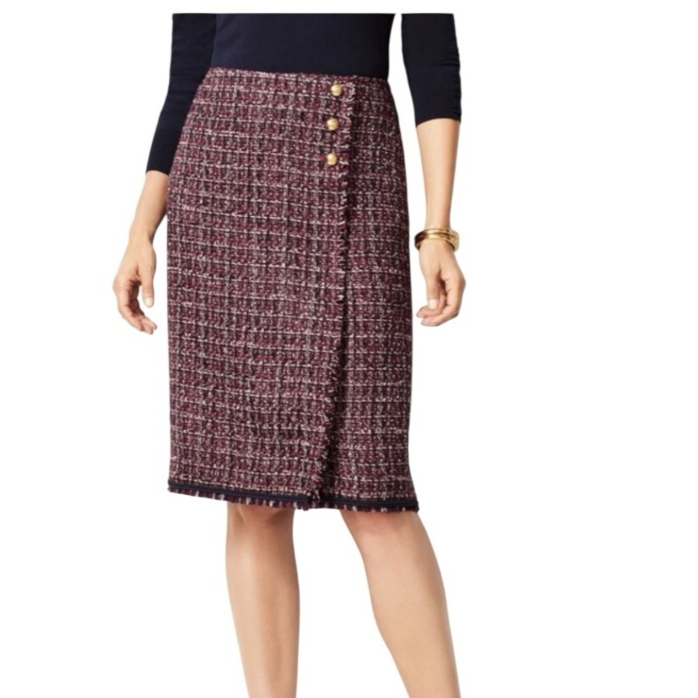 Talbots Burgundy Navy Gray Tweed Faux Wrap Skirt Size 4 Career Wear - Picture 10 of 10